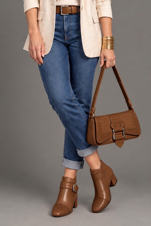 Women's cognac front-buckle ankle boots with round toe and low flared heel - Worn view